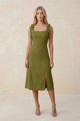 Square Neck A - Line Satin Midi Bridesmaid Dress With Bow in Moss Green - KissProm Bridesmaid Dresses
