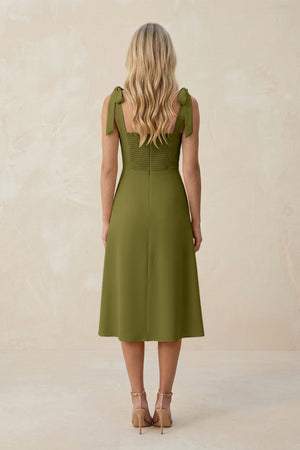 Square Neck A - Line Satin Midi Bridesmaid Dress With Bow in Moss Green - KissProm Bridesmaid Dresses