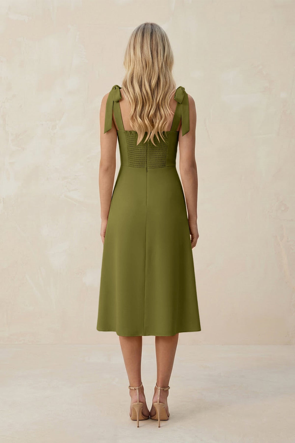 Square Neck A - Line Satin Midi Bridesmaid Dress With Bow in Moss Green - KissProm Bridesmaid Dresses