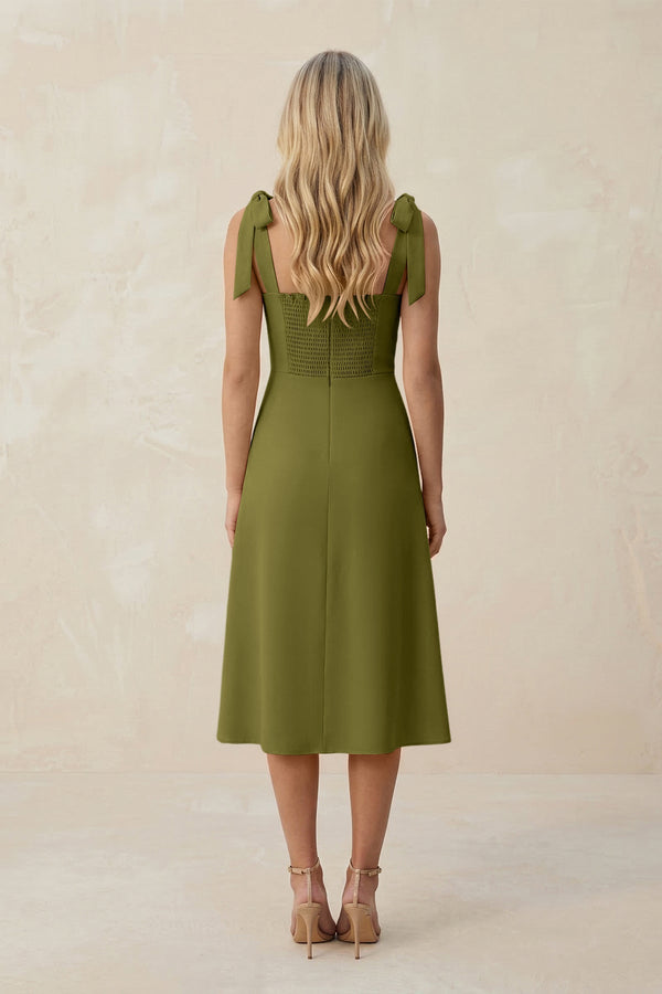 Square Neck A - Line Satin Midi Bridesmaid Dress With Bow in Moss Green - KissProm Bridesmaid Dresses