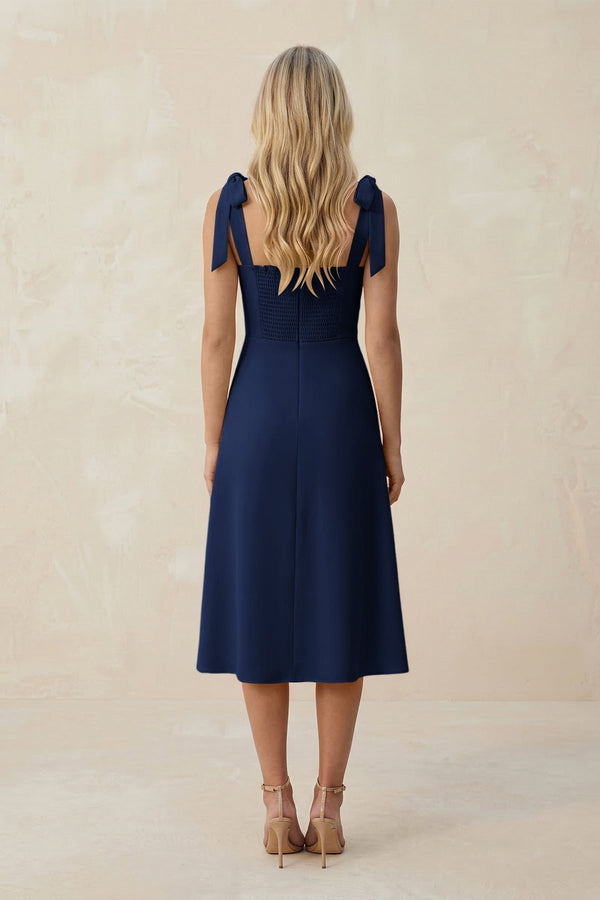 Square Neck A - Line Satin Midi Bridesmaid Dress With Bow in Navy - KissProm Bridesmaid Dresses
