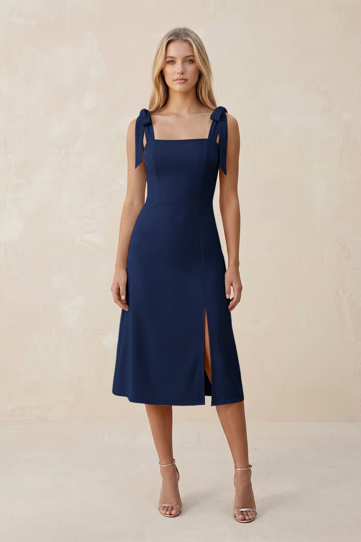 KissProm Square Neck A-Line Satin Midi Bridesmaid Dress With Bow in Navy, Navy / 2