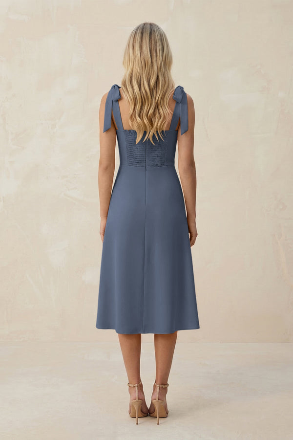 Square Neck A - Line Satin Midi Bridesmaid Dress With Bow in Neptune - KissProm Bridesmaid Dresses