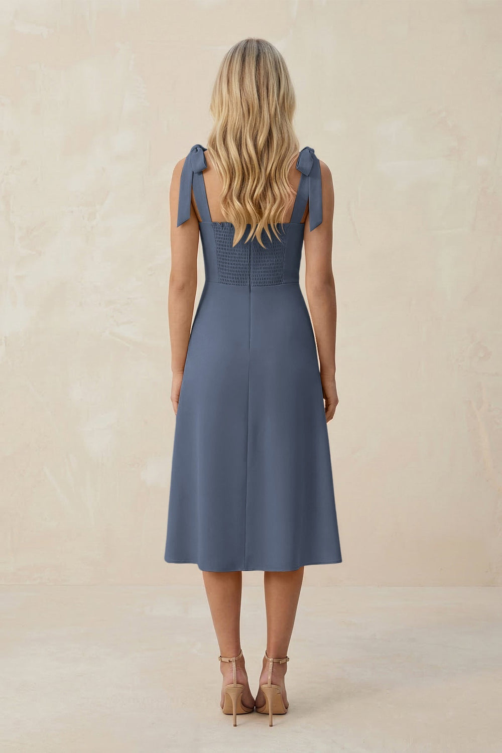 Square Neck A - Line Satin Midi Bridesmaid Dress With Bow in Neptune - KissProm Bridesmaid Dresses