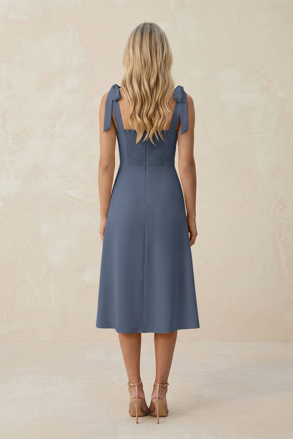 Square Neck A - Line Satin Midi Bridesmaid Dress With Bow in Neptune - KissProm Bridesmaid Dresses