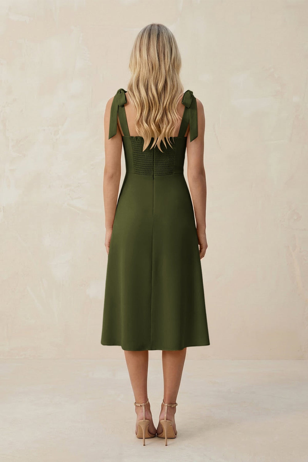 Square Neck A - Line Satin Midi Bridesmaid Dress With Bow in Olive - KissProm Bridesmaid Dresses