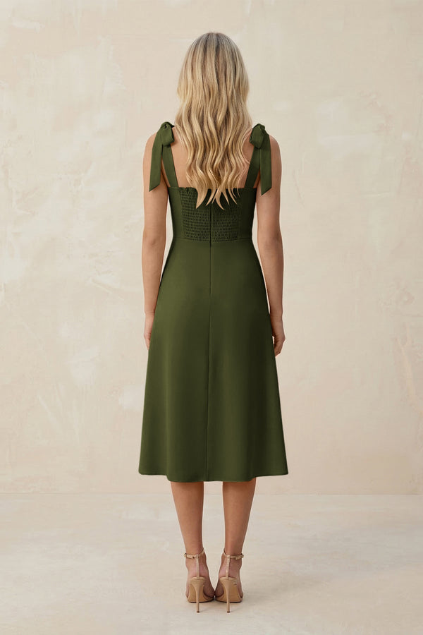Square Neck A - Line Satin Midi Bridesmaid Dress With Bow in Olive - KissProm Bridesmaid Dresses