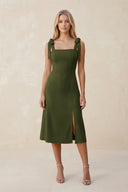 Square Neck A - Line Satin Midi Bridesmaid Dress With Bow in Olive - KissProm Bridesmaid Dresses