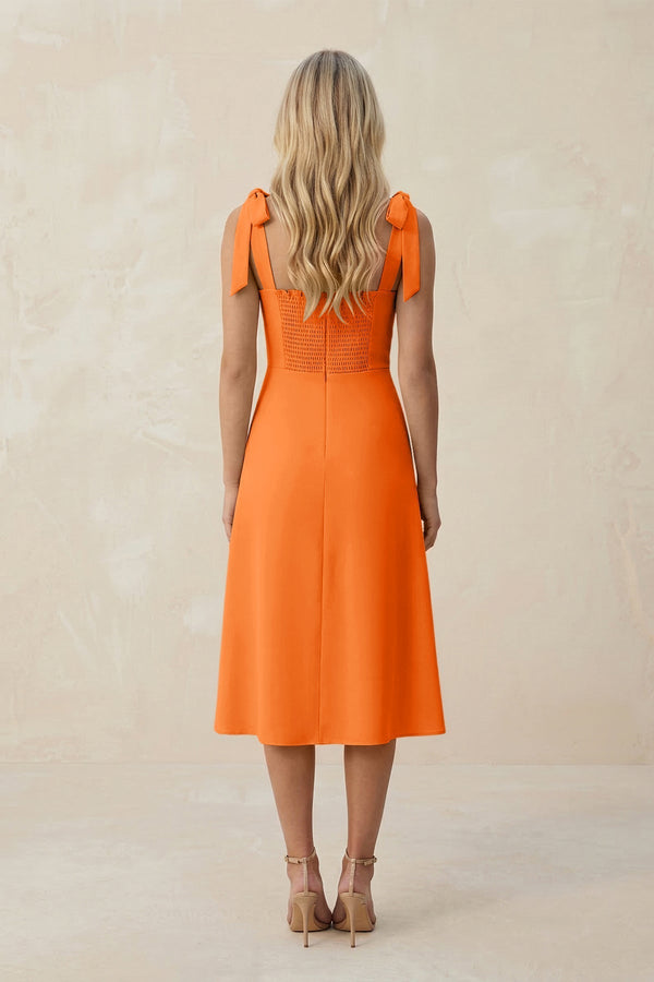 Square Neck A - Line Satin Midi Bridesmaid Dress With Bow in Orange - KissProm Bridesmaid Dresses