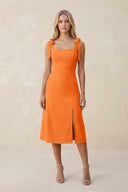 Square Neck A - Line Satin Midi Bridesmaid Dress With Bow in Orange - KissProm Bridesmaid Dresses