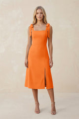 Square Neck A - Line Satin Midi Bridesmaid Dress With Bow in Orange - KissProm Bridesmaid Dresses