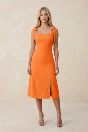 Square Neck A - Line Satin Midi Bridesmaid Dress With Bow in Orange - KissProm Bridesmaid Dresses