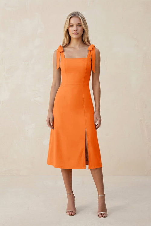 Square Neck A - Line Satin Midi Bridesmaid Dress With Bow in Orange - KissProm Bridesmaid Dresses