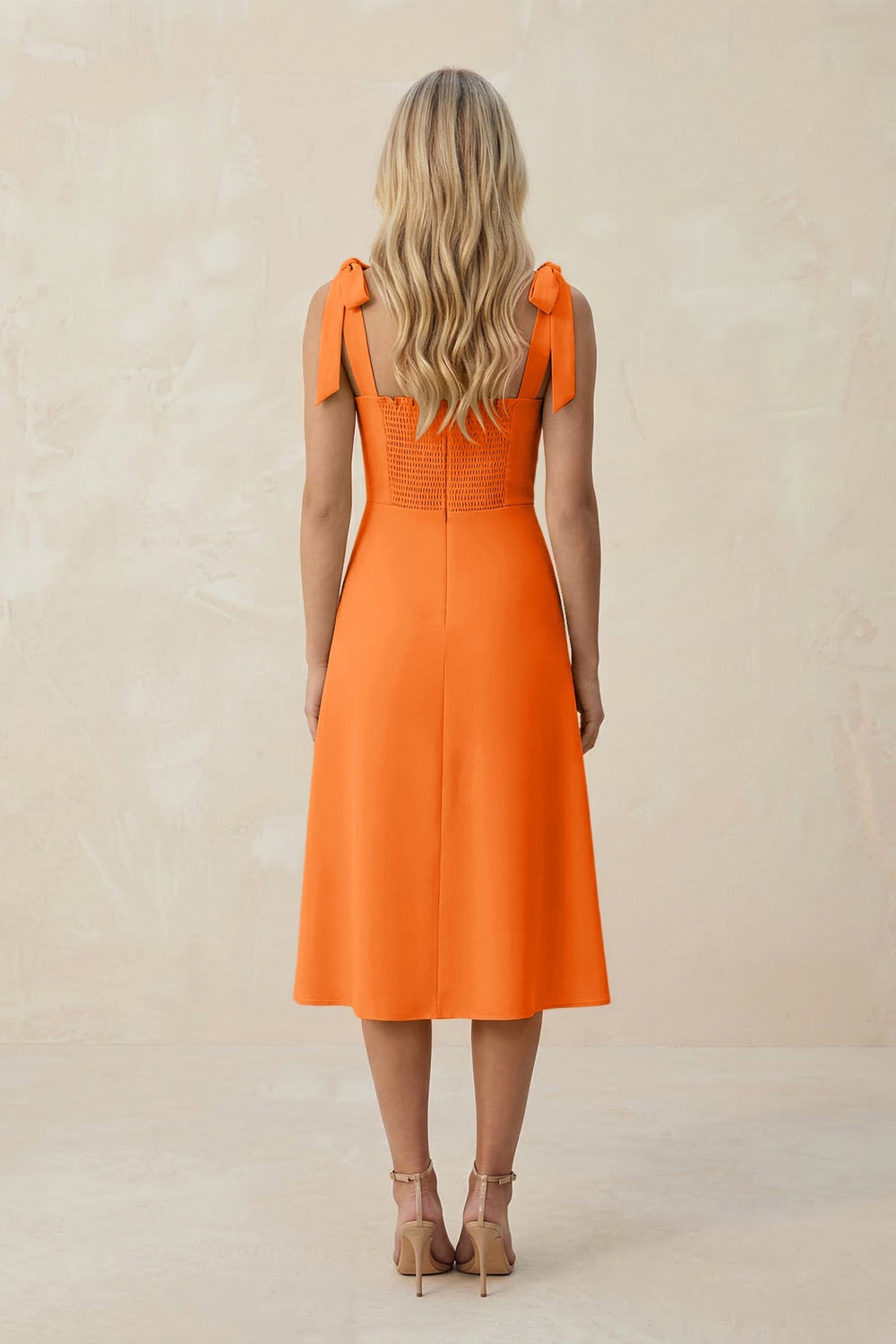 Square Neck A - Line Satin Midi Bridesmaid Dress With Bow in Orange - KissProm Bridesmaid Dresses