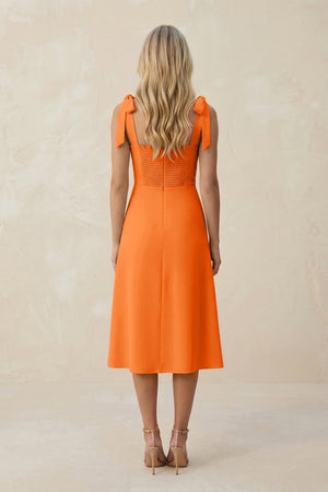 Square Neck A - Line Satin Midi Bridesmaid Dress With Bow in Orange - KissProm Bridesmaid Dresses
