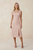 Square Neck A - Line Satin Midi Bridesmaid Dress With Bow in Pale Blush - KissProm Bridesmaid Dresses