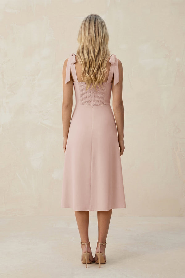 Square Neck A - Line Satin Midi Bridesmaid Dress With Bow in Pale Blush - KissProm Bridesmaid Dresses