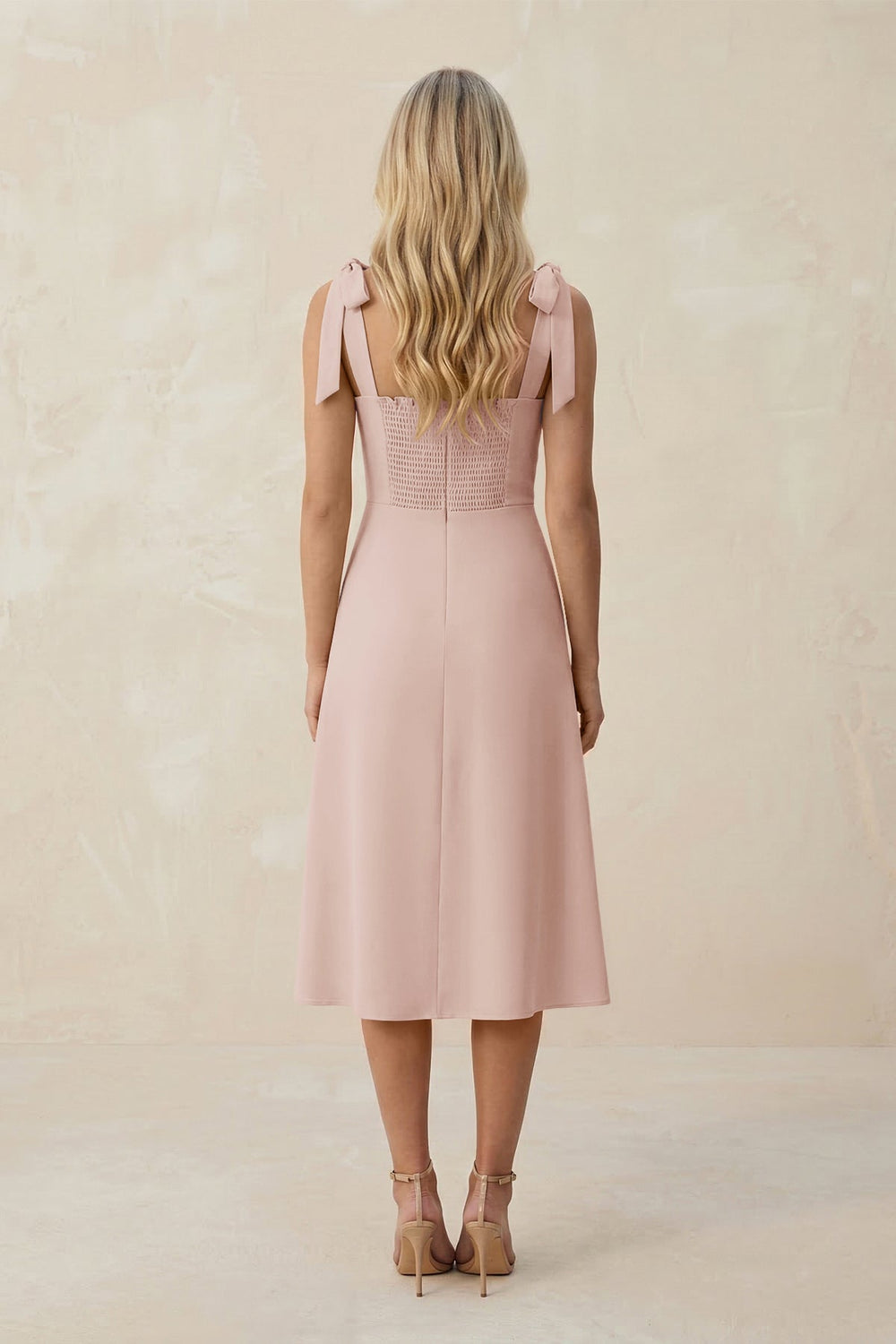 Square Neck A - Line Satin Midi Bridesmaid Dress With Bow in Pale Blush - KissProm Bridesmaid Dresses