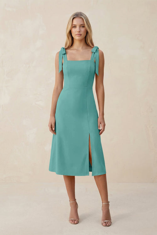 Square Neck A - Line Satin Midi Bridesmaid Dress With Bow in Pale Pistachio - KissProm Bridesmaid Dresses
