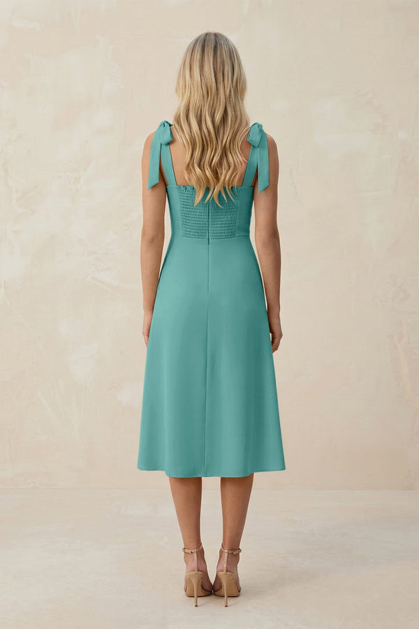 Square Neck A - Line Satin Midi Bridesmaid Dress With Bow in Pale Pistachio - KissProm Bridesmaid Dresses