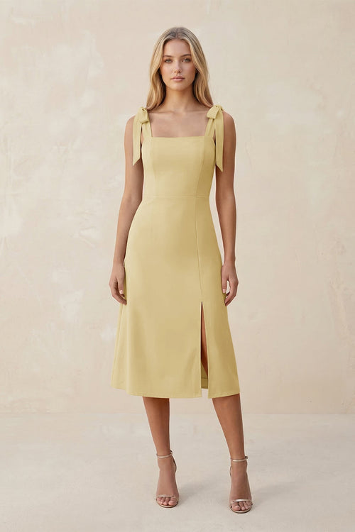 Square Neck A - Line Satin Midi Bridesmaid Dress With Bow in Pastel Yellow - KissProm Bridesmaid Dresses