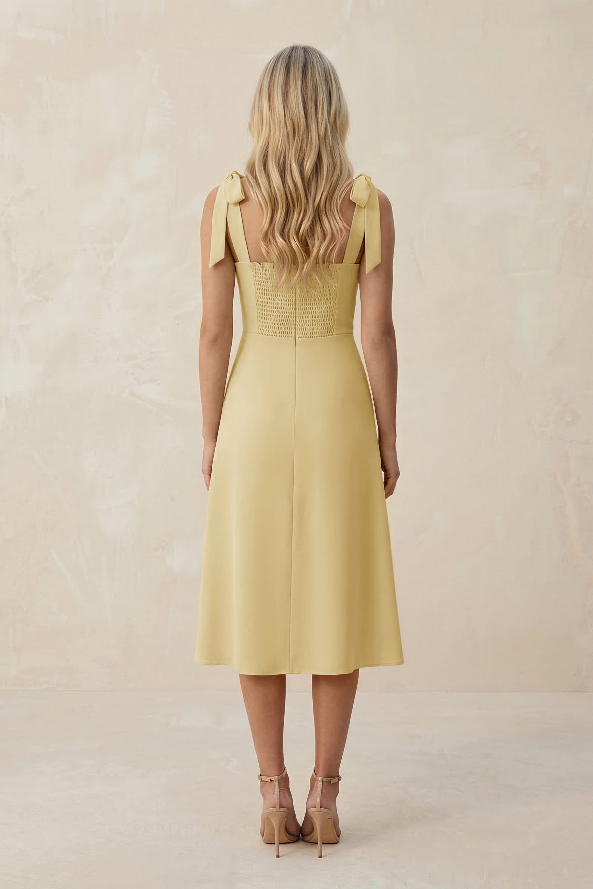 KissProm Square Neck A-Line Satin Midi Bridesmaid Dress With Bow in Pastel Yellow, Pastel Yellow / Custom Size( Free )