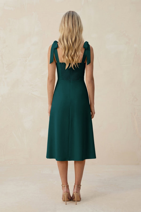 Square Neck A - Line Satin Midi Bridesmaid Dress With Bow in Pine - KissProm Bridesmaid Dresses