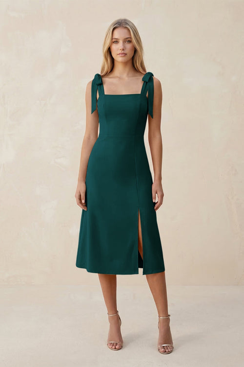 Square Neck A - Line Satin Midi Bridesmaid Dress With Bow in Pine - KissProm Bridesmaid Dresses