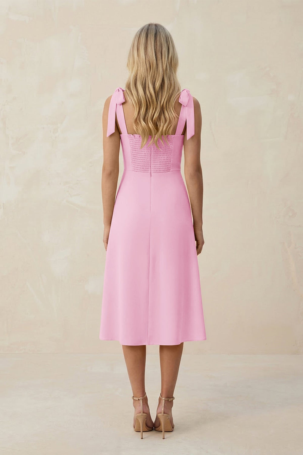 Square Neck A - Line Satin Midi Bridesmaid Dress With Bow in Pink - KissProm Bridesmaid Dresses