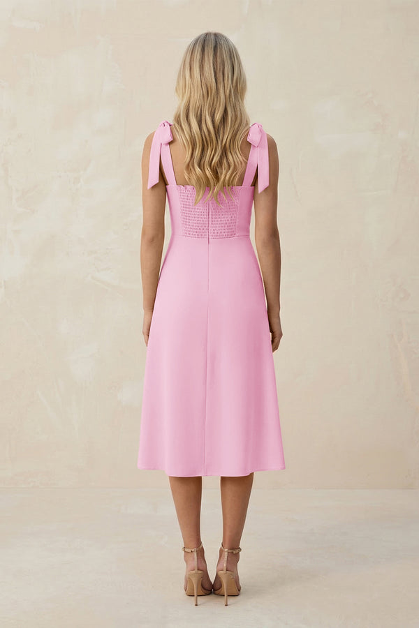 Square Neck A - Line Satin Midi Bridesmaid Dress With Bow in Pink - KissProm Bridesmaid Dresses