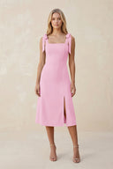 Square Neck A - Line Satin Midi Bridesmaid Dress With Bow in Pink - KissProm Bridesmaid Dresses