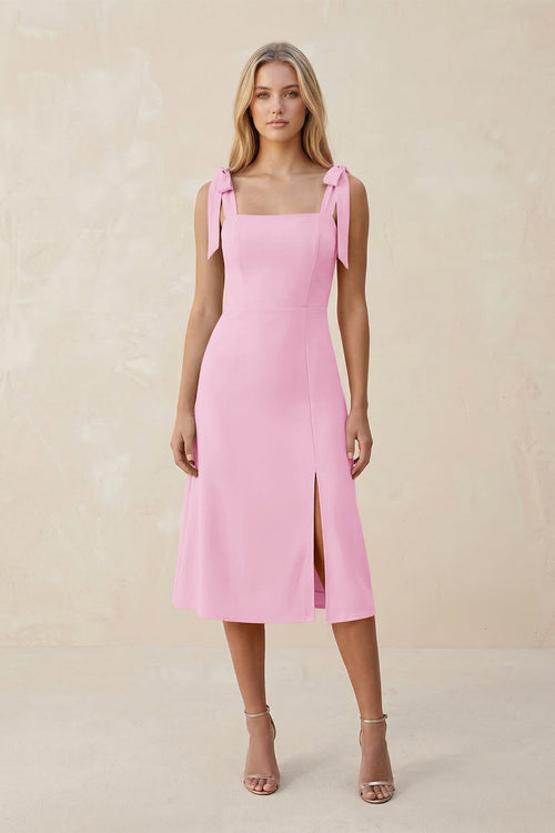 Square Neck A - Line Satin Midi Bridesmaid Dress With Bow in Pink - KissProm Bridesmaid Dresses