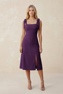 Square Neck A - Line Satin Midi Bridesmaid Dress With Bow in Plum - KissProm Bridesmaid Dresses