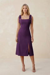 Square Neck A - Line Satin Midi Bridesmaid Dress With Bow in Plum - KissProm Bridesmaid Dresses