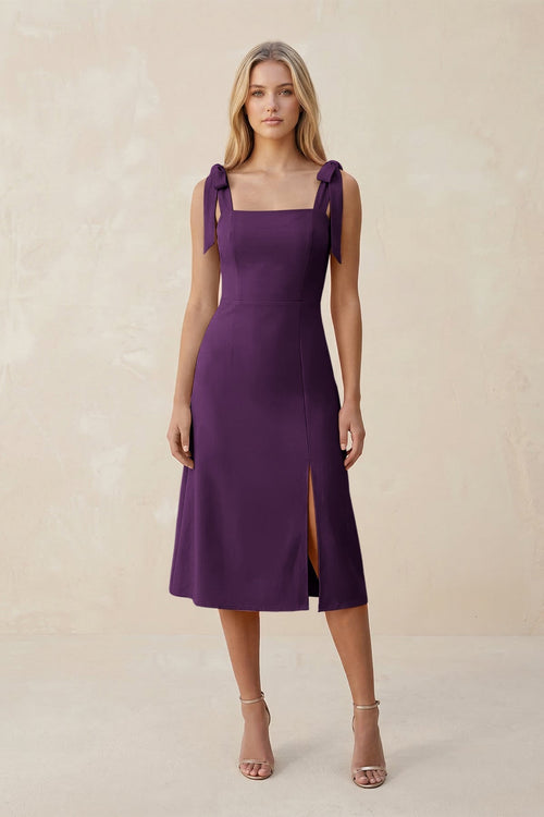 Square Neck A - Line Satin Midi Bridesmaid Dress With Bow in Plum - KissProm Bridesmaid Dresses