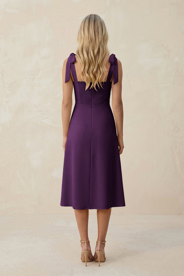 Square Neck A - Line Satin Midi Bridesmaid Dress With Bow in Plum - KissProm Bridesmaid Dresses