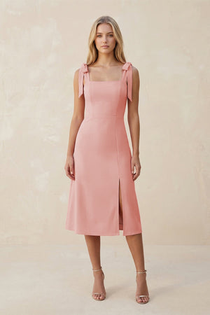 Square Neck A - Line Satin Midi Bridesmaid Dress With Bow in Rose Petal - KissProm Bridesmaid Dresses
