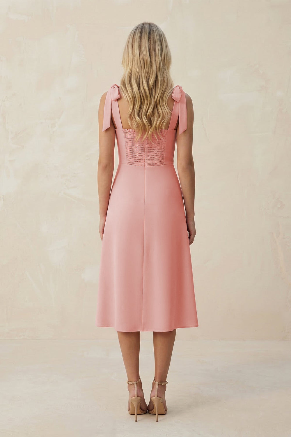 Square Neck A - Line Satin Midi Bridesmaid Dress With Bow in Rose Petal - KissProm Bridesmaid Dresses
