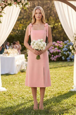 Square Neck A - Line Satin Midi Bridesmaid Dress With Bow in Rose Petal - KissProm Bridesmaid Dresses