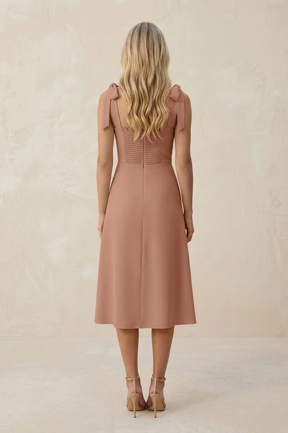 Square Neck A - Line Satin Midi Bridesmaid Dress With Bow in Rosette - KissProm Bridesmaid Dresses
