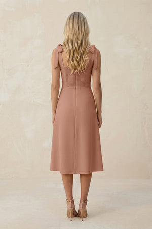 Square Neck A - Line Satin Midi Bridesmaid Dress With Bow in Rosette - KissProm Bridesmaid Dresses