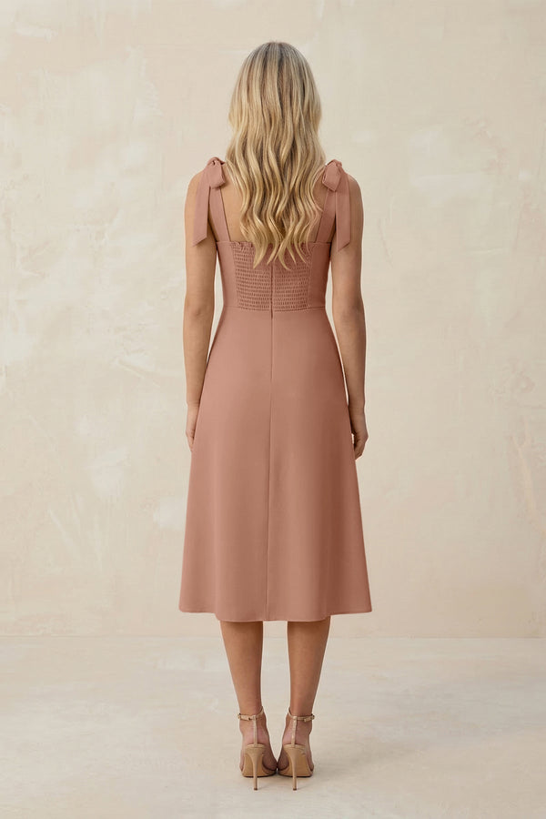 Square Neck A - Line Satin Midi Bridesmaid Dress With Bow in Rosette - KissProm Bridesmaid Dresses