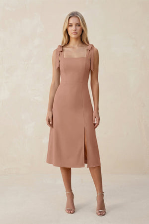 Square Neck A - Line Satin Midi Bridesmaid Dress With Bow in Rosette - KissProm Bridesmaid Dresses