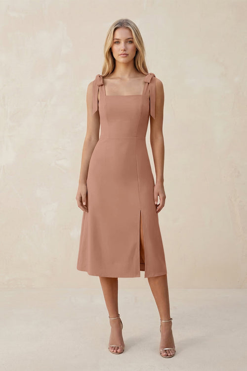 Square Neck A - Line Satin Midi Bridesmaid Dress With Bow in Rosette - KissProm Bridesmaid Dresses