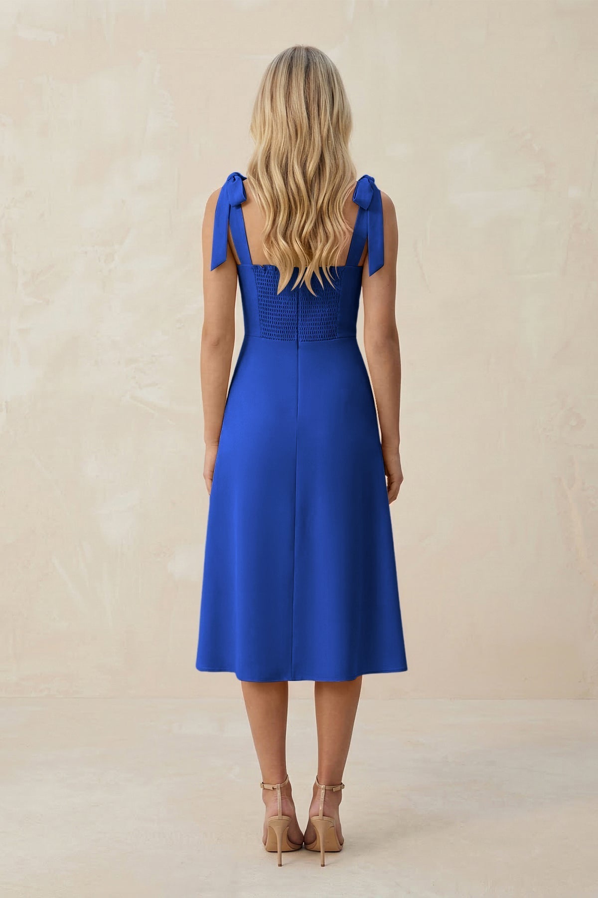 KissProm Square Neck A-Line Satin Midi Bridesmaid Dress With Bow in Royal Blue, Royal Blue / 22