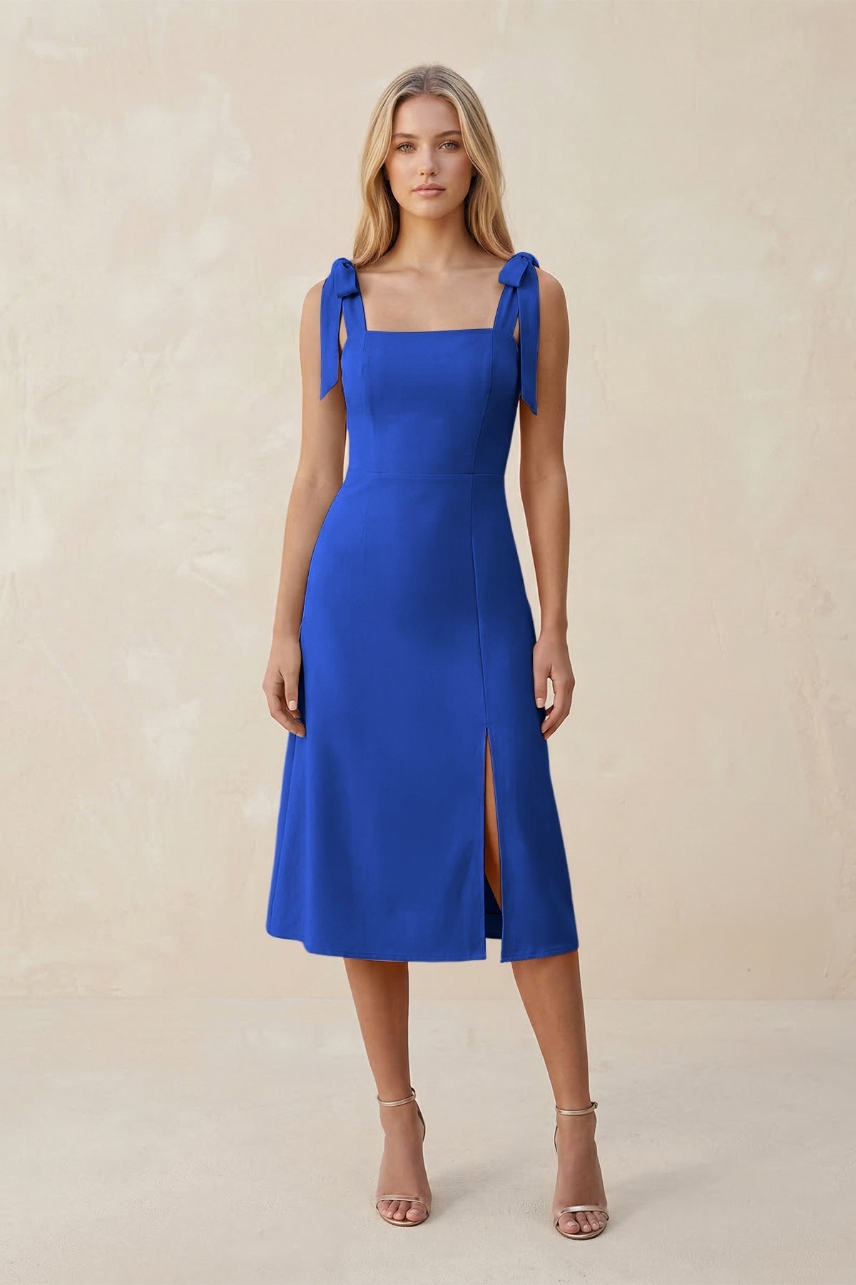 KissProm Square Neck A-Line Satin Midi Bridesmaid Dress With Bow in Royal Blue, Royal Blue / 22