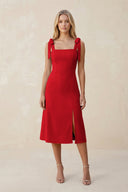 Square Neck A - Line Satin Midi Bridesmaid Dress With Bow in Ruby Red - KissProm Bridesmaid Dresses