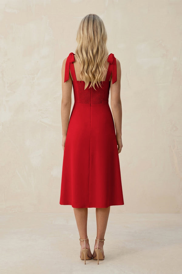 Square Neck A - Line Satin Midi Bridesmaid Dress With Bow in Ruby Red - KissProm Bridesmaid Dresses