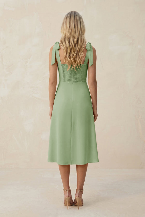 Square Neck A - Line Satin Midi Bridesmaid Dress With Bow in Sage - KissProm Bridesmaid Dresses