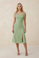 Square Neck A - Line Satin Midi Bridesmaid Dress With Bow in Sage - KissProm Bridesmaid Dresses